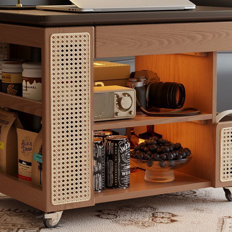 Mesa auxiliar rectangular contemporánea de madera maciza, ratán, vidrio y metal en forma de autobús con 5 gabinetes de almacenamiento y diseño de tapa elevable para sala de estar y dormitorio 