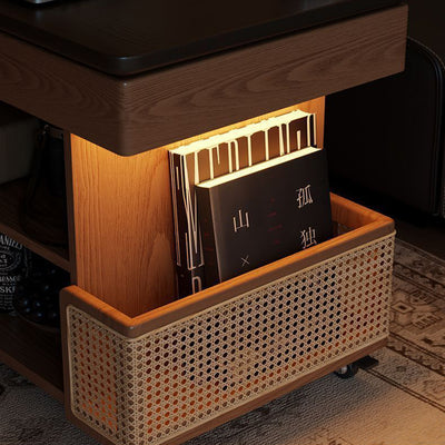 Mesa auxiliar rectangular contemporánea de madera maciza, ratán, vidrio y metal en forma de autobús con 5 gabinetes de almacenamiento y diseño de tapa elevable para sala de estar y dormitorio 