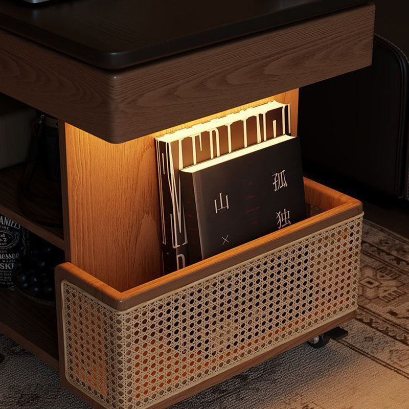 Mesa auxiliar rectangular contemporánea de madera maciza, ratán, vidrio y metal en forma de autobús con 5 gabinetes de almacenamiento y diseño de tapa elevable para sala de estar y dormitorio 