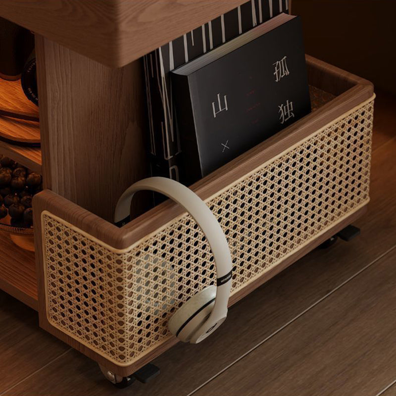 Mesa auxiliar rectangular contemporánea de madera maciza, ratán, vidrio y metal en forma de autobús con 5 gabinetes de almacenamiento y diseño de tapa elevable para sala de estar y dormitorio 