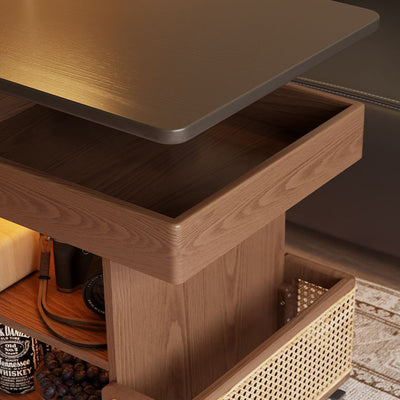 Mesa auxiliar rectangular contemporánea de madera maciza, ratán, vidrio y metal en forma de autobús con 5 gabinetes de almacenamiento y diseño de tapa elevable para sala de estar y dormitorio 