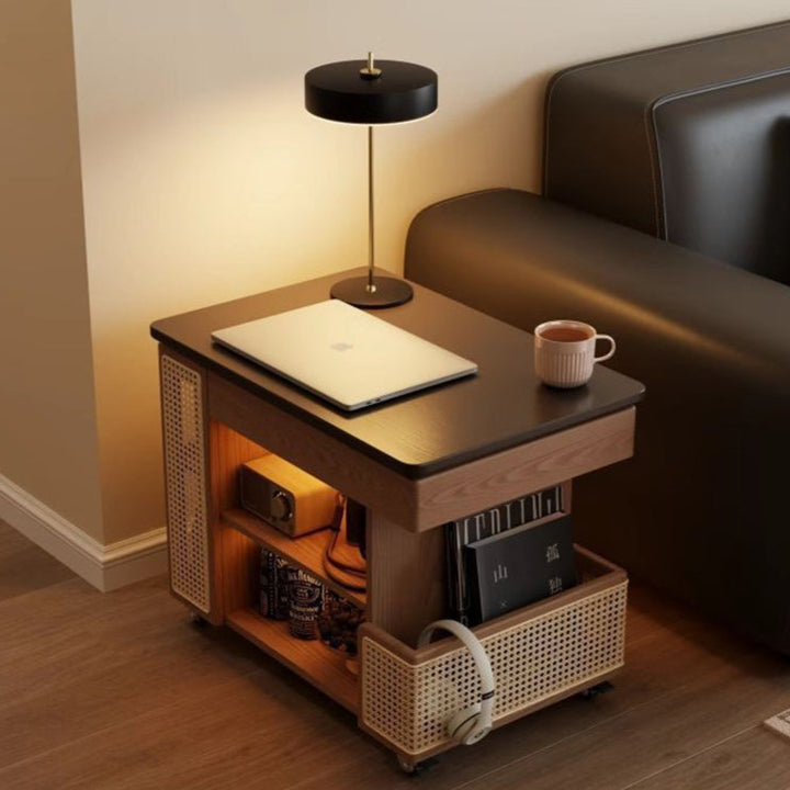 Contemporary Retro Eco-Friendly Engineered Wood PE Rattan Glass Bus-Shaped Rectangular Side Table With 5 Storage Cabinets And Lift-Top Design For Living Room And Bedroom
