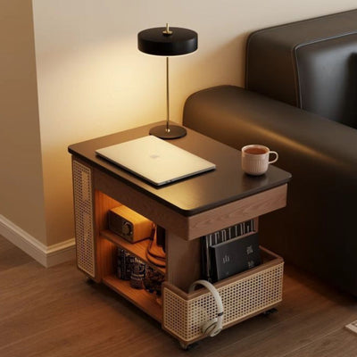 Mesa auxiliar rectangular contemporánea de madera maciza, ratán, vidrio y metal en forma de autobús con 5 gabinetes de almacenamiento y diseño de tapa elevable para sala de estar y dormitorio 