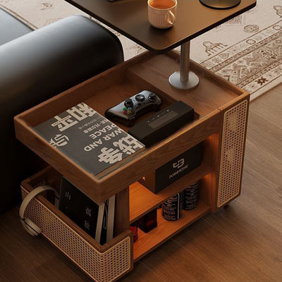 Mesa auxiliar rectangular contemporánea de madera maciza, ratán, vidrio y metal en forma de autobús con 5 gabinetes de almacenamiento y diseño de tapa elevable para sala de estar y dormitorio 
