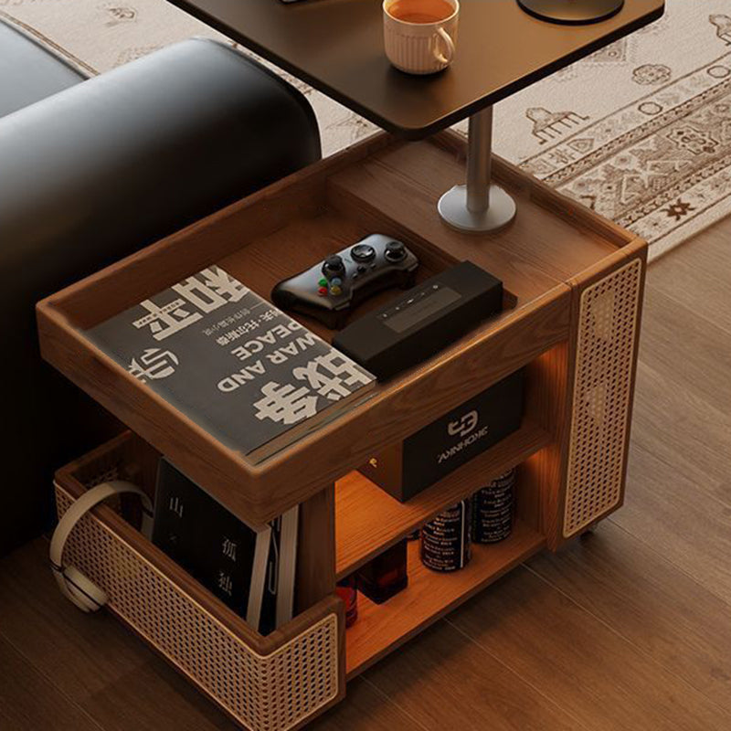 Mesa auxiliar rectangular contemporánea de madera maciza, ratán, vidrio y metal en forma de autobús con 5 gabinetes de almacenamiento y diseño de tapa elevable para sala de estar y dormitorio 