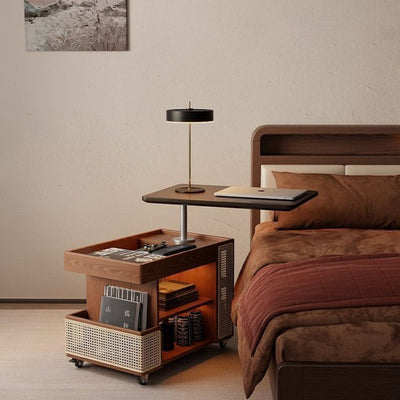 Mesa auxiliar rectangular contemporánea de madera maciza, ratán, vidrio y metal en forma de autobús con 5 gabinetes de almacenamiento y diseño de tapa elevable para sala de estar y dormitorio 