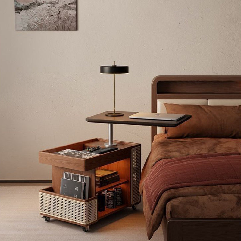 Mesa auxiliar rectangular contemporánea de madera maciza, ratán, vidrio y metal en forma de autobús con 5 gabinetes de almacenamiento y diseño de tapa elevable para sala de estar y dormitorio 