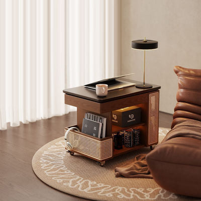 Mesa auxiliar rectangular contemporánea de madera maciza, ratán, vidrio y metal en forma de autobús con 5 gabinetes de almacenamiento y diseño de tapa elevable para sala de estar y dormitorio 