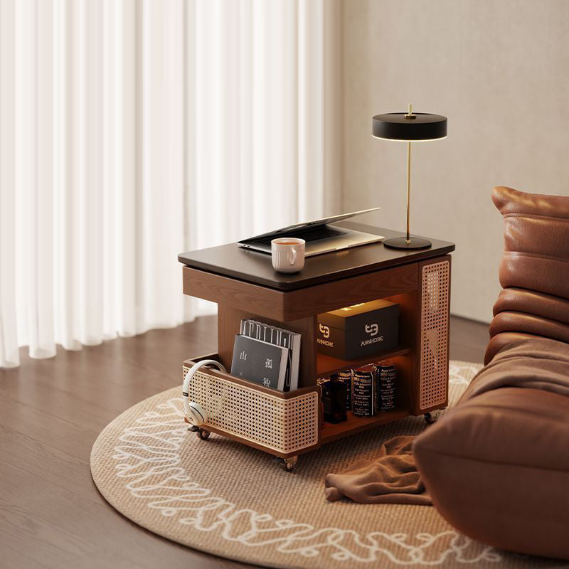 Mesa auxiliar rectangular contemporánea de madera maciza, ratán, vidrio y metal en forma de autobús con 5 gabinetes de almacenamiento y diseño de tapa elevable para sala de estar y dormitorio 