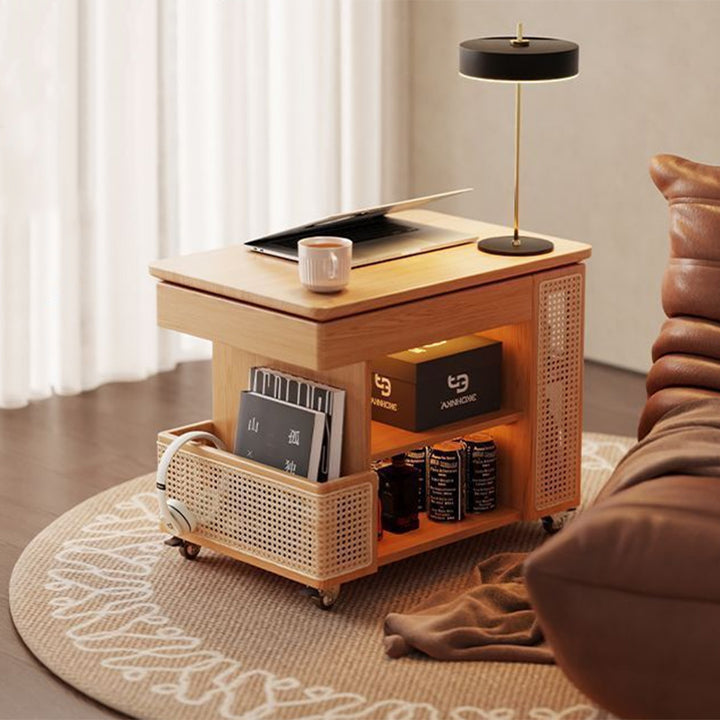 Moderner, retro-inspirierter rechteckiger Beistelltisch in Busform aus umweltfreundlichem Holzwerkstoff, PE-Rattan und Glas mit 5 Aufbewahrungsschränken und Lift-Top-Design für Wohnzimmer und Schlafzimmer 