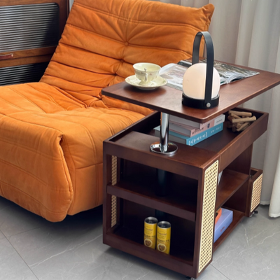 Mesa auxiliar rectangular contemporánea de madera maciza, ratán, vidrio y metal en forma de autobús con 5 gabinetes de almacenamiento y diseño de tapa elevable para sala de estar y dormitorio 