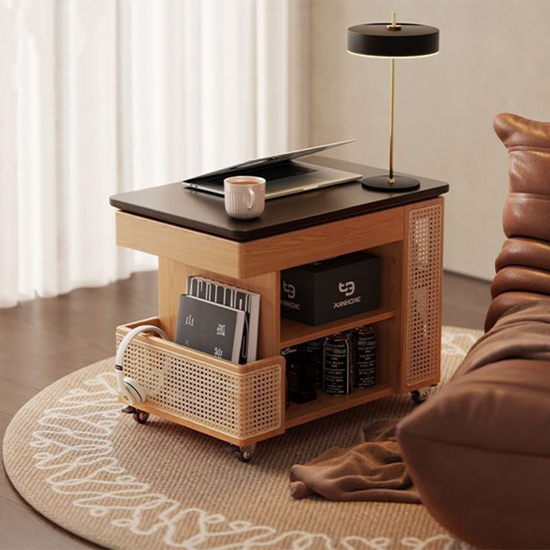 Mesa auxiliar rectangular contemporánea de madera maciza, ratán, vidrio y metal en forma de autobús con 5 gabinetes de almacenamiento y diseño de tapa elevable para sala de estar y dormitorio 