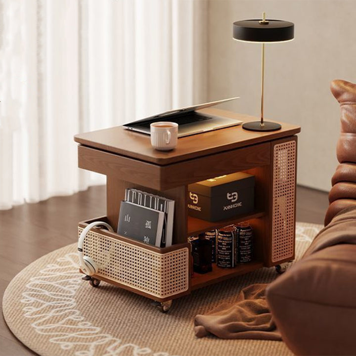 Moderner, retro-inspirierter rechteckiger Beistelltisch in Busform aus umweltfreundlichem Holzwerkstoff, PE-Rattan und Glas mit 5 Aufbewahrungsschränken und Lift-Top-Design für Wohnzimmer und Schlafzimmer 