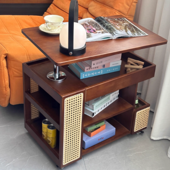 Mesa auxiliar rectangular contemporánea de madera maciza, ratán, vidrio y metal en forma de autobús con 5 gabinetes de almacenamiento y diseño de tapa elevable para sala de estar y dormitorio 