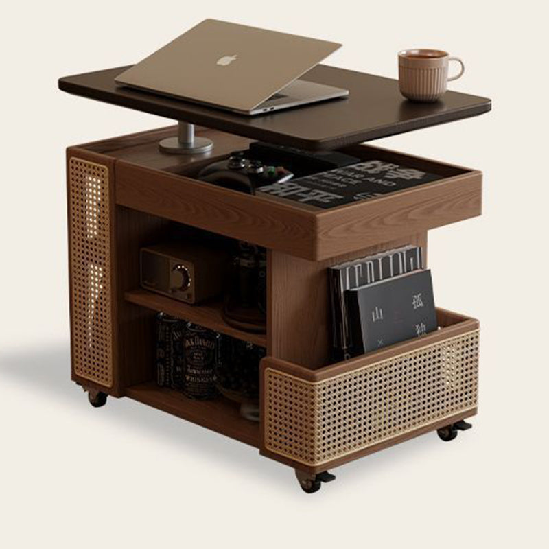 Contemporary Retro Eco-Friendly Engineered Wood PE Rattan Glass Bus-Shaped Rectangular Side Table With 5 Storage Cabinets And Lift-Top Design For Living Room And Bedroom