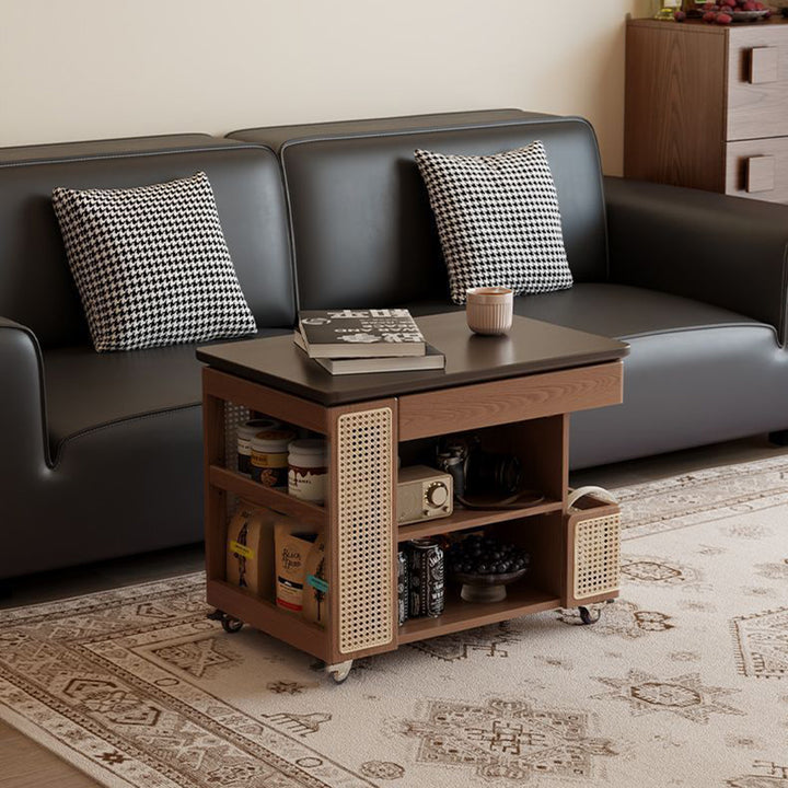 Contemporary Retro Eco-Friendly Engineered Wood PE Rattan Glass Bus-Shaped Rectangular Side Table With 5 Storage Cabinets And Lift-Top Design For Living Room And Bedroom