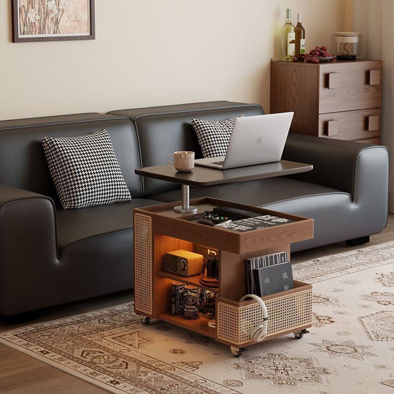 Mesa auxiliar rectangular contemporánea de madera maciza, ratán, vidrio y metal en forma de autobús con 5 gabinetes de almacenamiento y diseño de tapa elevable para sala de estar y dormitorio 