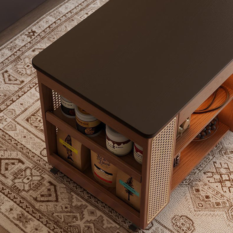 Mesa auxiliar rectangular contemporánea de madera maciza, ratán, vidrio y metal en forma de autobús con 5 gabinetes de almacenamiento y diseño de tapa elevable para sala de estar y dormitorio 
