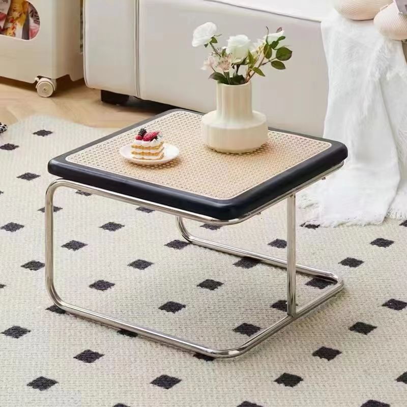 Contemporary Retro Striped Glass Plastic Rattan Stainless Steel Square Side Table Set Stackable For Living Room