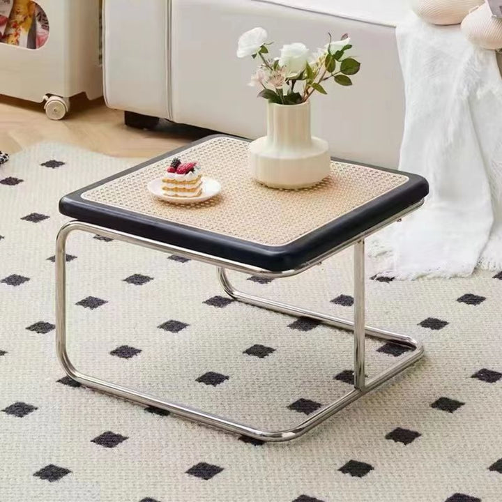 Contemporary Retro Striped Glass Plastic Rattan Stainless Steel Square Side Table Set Stackable For Living Room