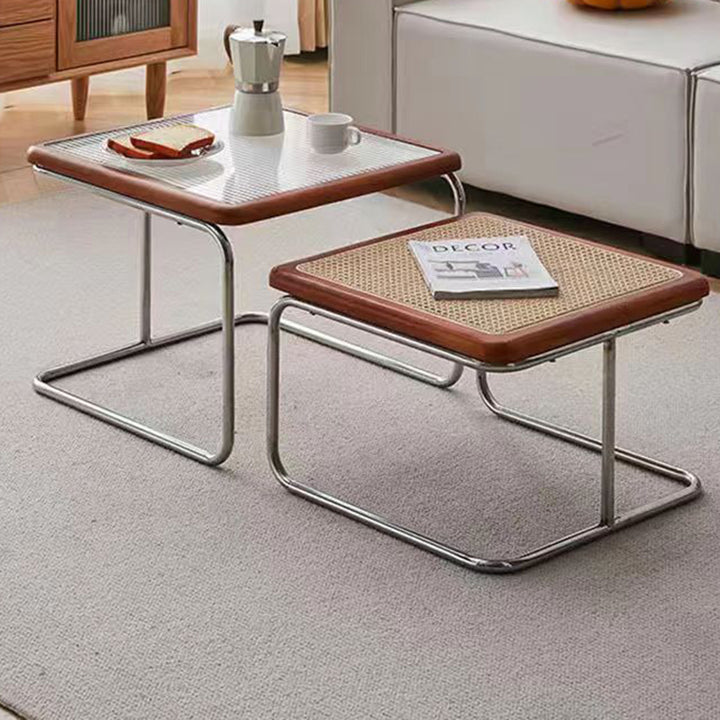 Contemporary Retro Striped Glass Plastic Rattan Stainless Steel Square Side Table Set Stackable For Living Room
