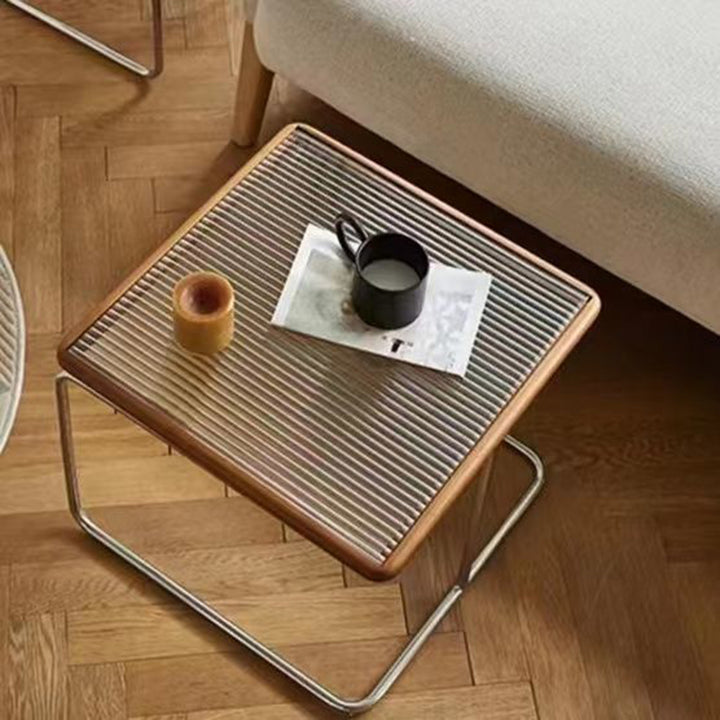 Contemporary Retro Striped Glass Plastic Rattan Stainless Steel Square Side Table Set Stackable For Living Room