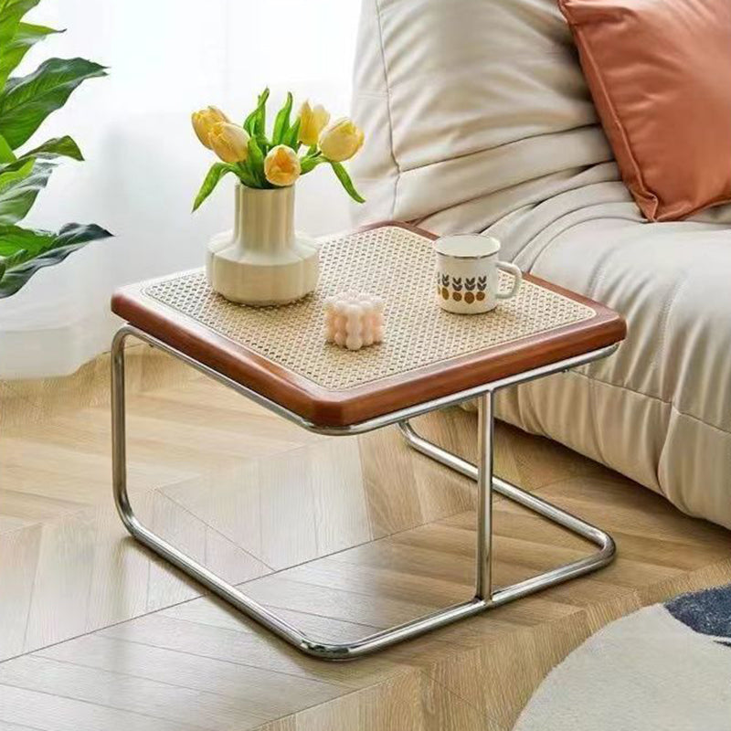 Contemporary Retro Striped Glass Plastic Rattan Stainless Steel Square Side Table Set Stackable For Living Room