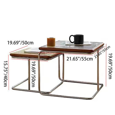 Zeitgenössisches Retro-gestreiftes Glas- und Edelstahl-Quadratisches Beistelltisch-Set Stapelbar Für Wohnzimmer 