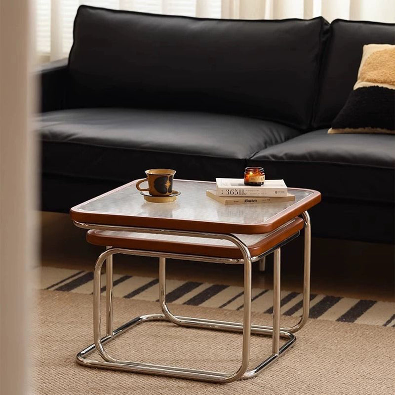 Contemporary Retro Striped Glass Plastic Rattan Stainless Steel Square Side Table Set Stackable For Living Room