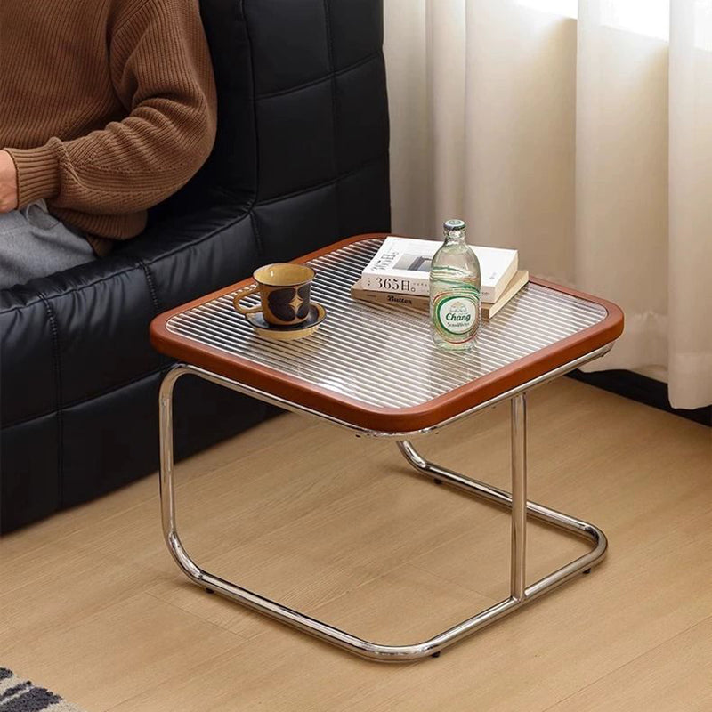 Contemporary Retro Striped Glass Plastic Rattan Stainless Steel Square Side Table Set Stackable For Living Room