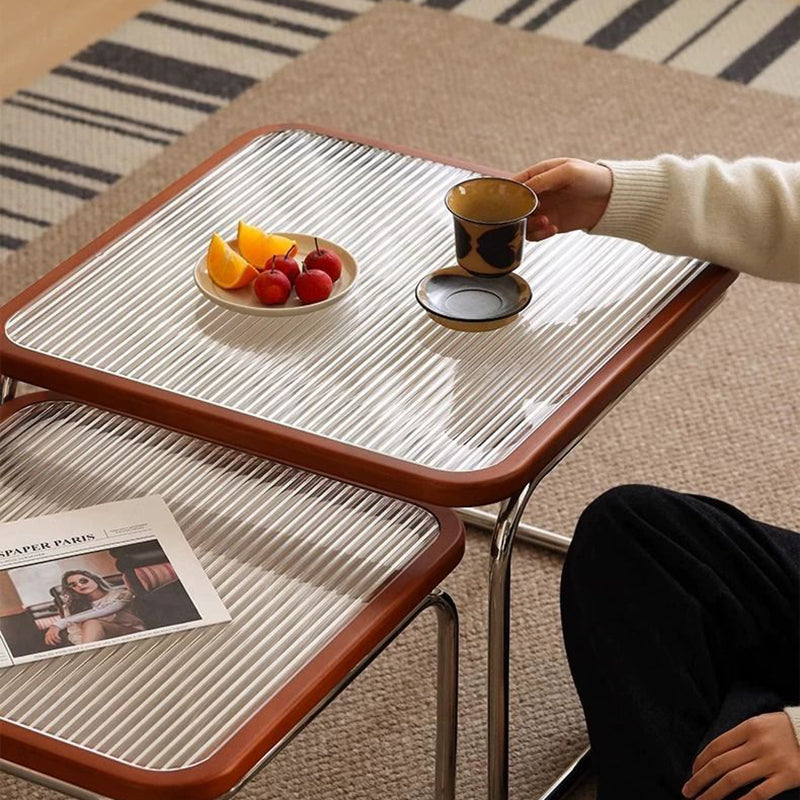 Zeitgenössisches Retro-gestreiftes Glas- und Edelstahl-Quadratisches Beistelltisch-Set Stapelbar Für Wohnzimmer 