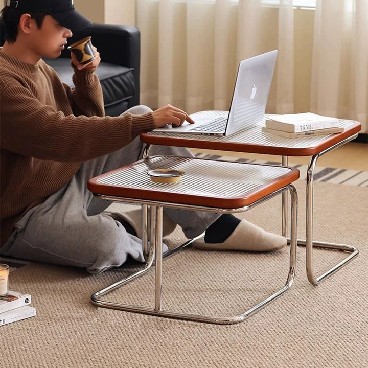 Contemporary Retro Striped Glass Plastic Rattan Stainless Steel Square Side Table Set Stackable For Living Room