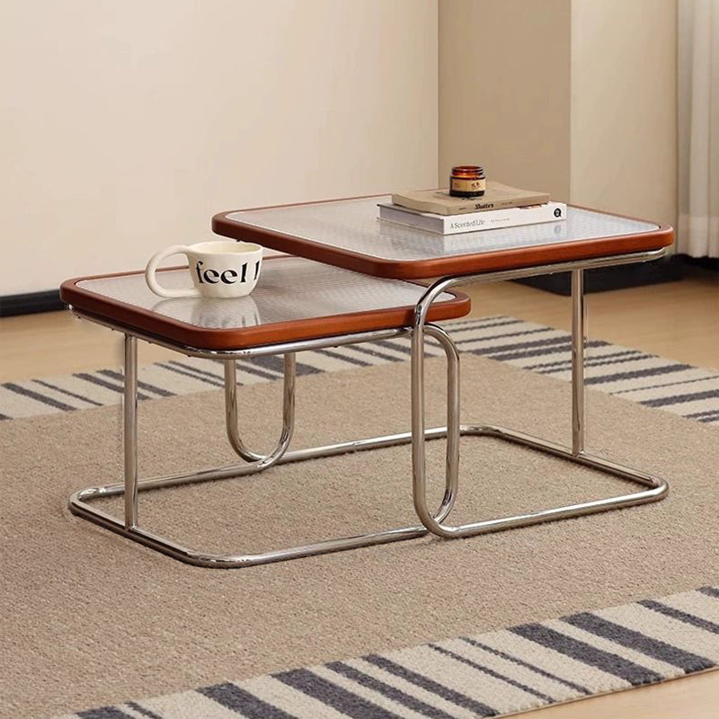 Contemporary Retro Striped Glass Plastic Rattan Stainless Steel Square Side Table Set Stackable For Living Room
