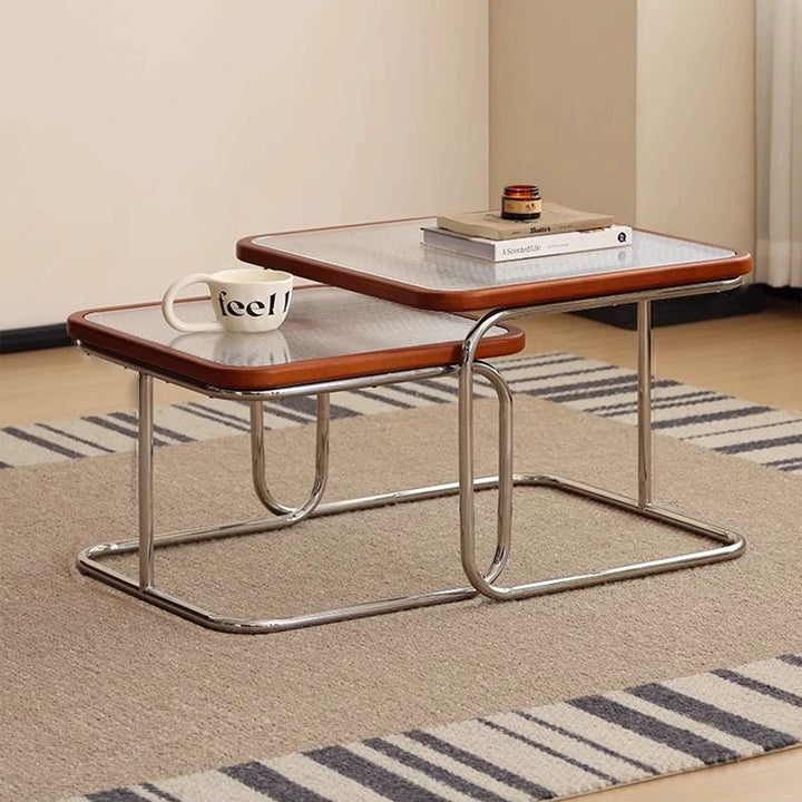 Zeitgenössisches Retro-gestreiftes Glas- und Edelstahl-Quadratisches Beistelltisch-Set Stapelbar Für Wohnzimmer 