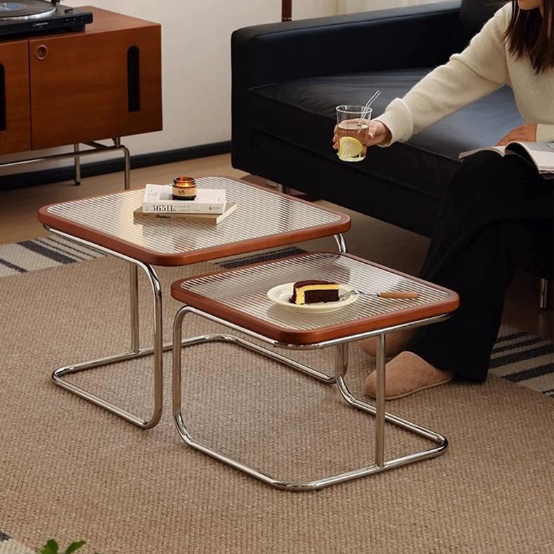 Contemporary Retro Striped Glass Plastic Rattan Stainless Steel Square Side Table Set Stackable For Living Room