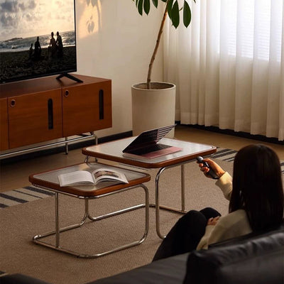 Zeitgenössisches Retro-gestreiftes Glas- und Edelstahl-Quadratisches Beistelltisch-Set Stapelbar Für Wohnzimmer 