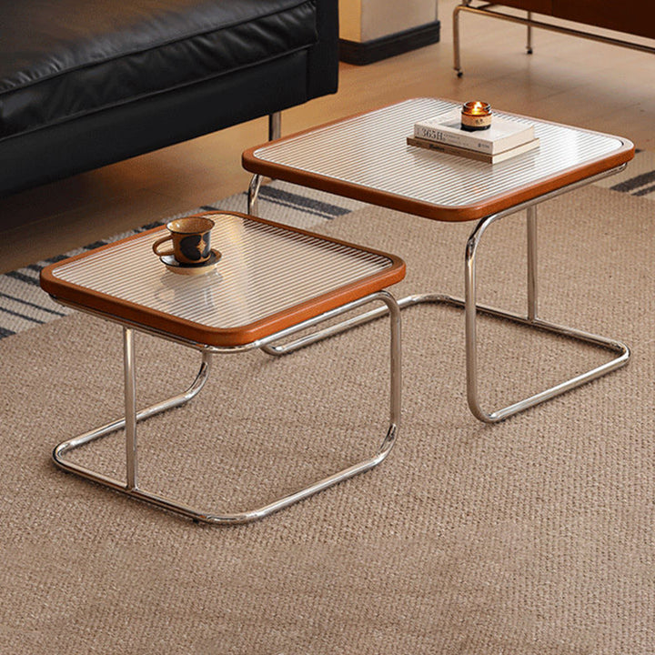 Contemporary Retro Striped Glass Plastic Rattan Stainless Steel Square Side Table Set Stackable For Living Room
