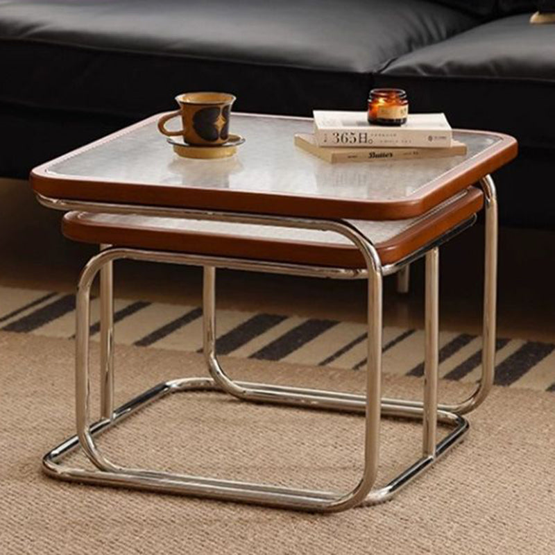 Contemporary Retro Striped Glass Plastic Rattan Stainless Steel Square Side Table Set Stackable For Living Room