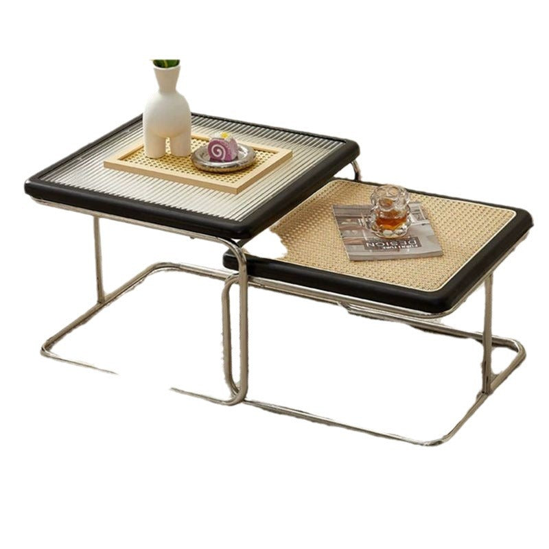 Contemporary Retro Striped Glass Plastic Rattan Stainless Steel Square Side Table Set Stackable For Living Room