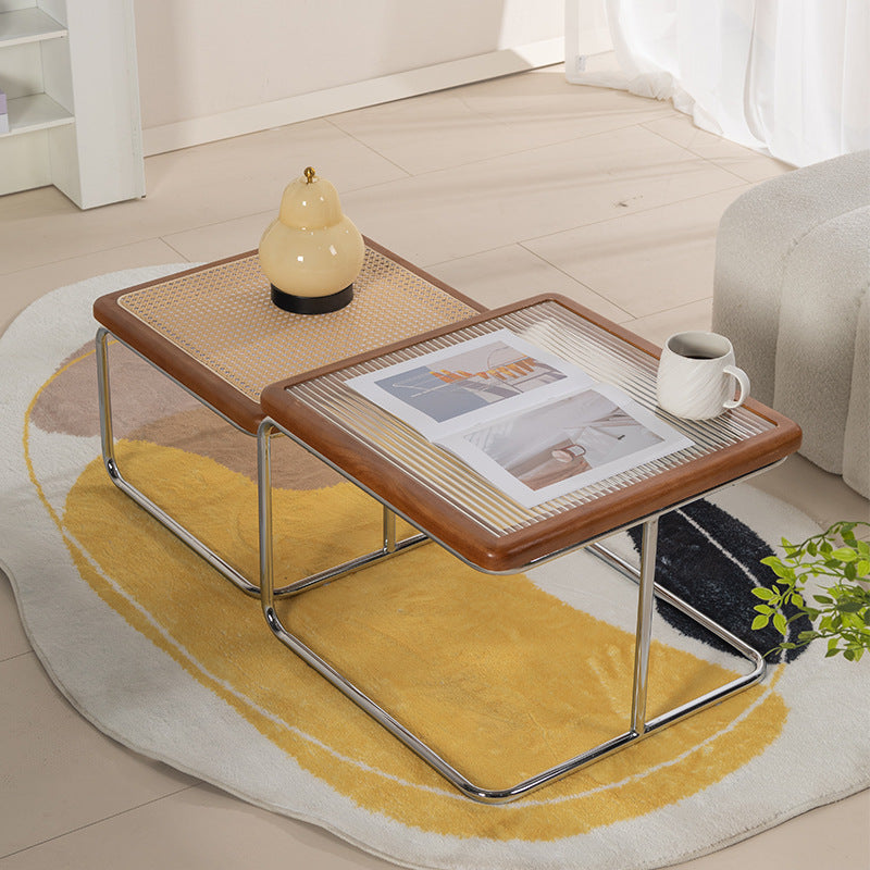 Contemporary Retro Striped Glass Plastic Rattan Stainless Steel Square Side Table Set Stackable For Living Room