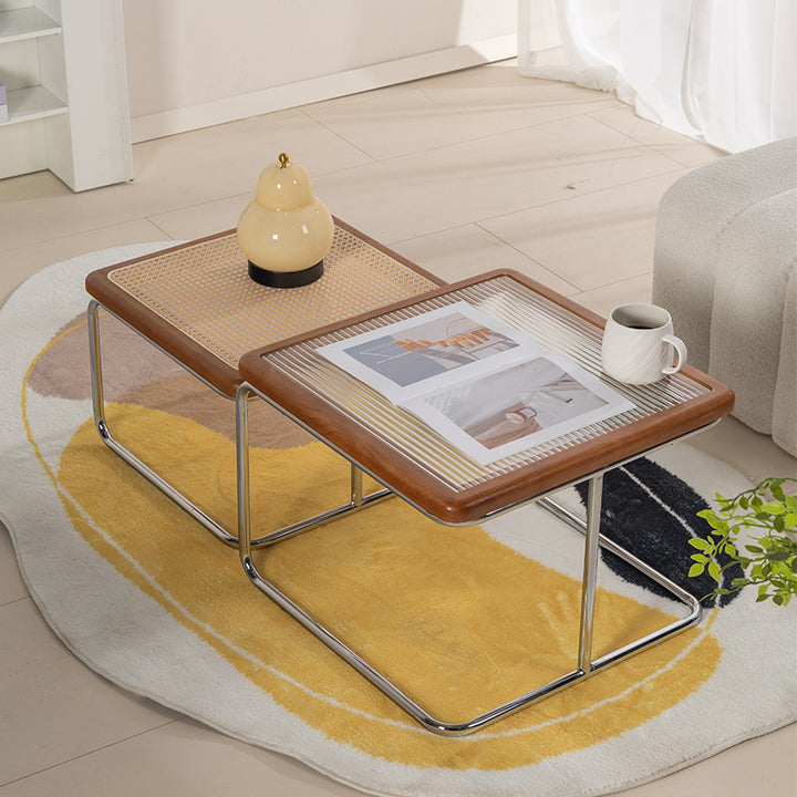 Contemporary Retro Striped Glass Plastic Rattan Stainless Steel Square Side Table Set Stackable For Living Room