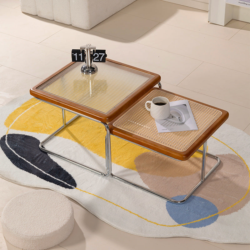 Contemporary Retro Striped Glass Plastic Rattan Stainless Steel Square Side Table Set Stackable For Living Room