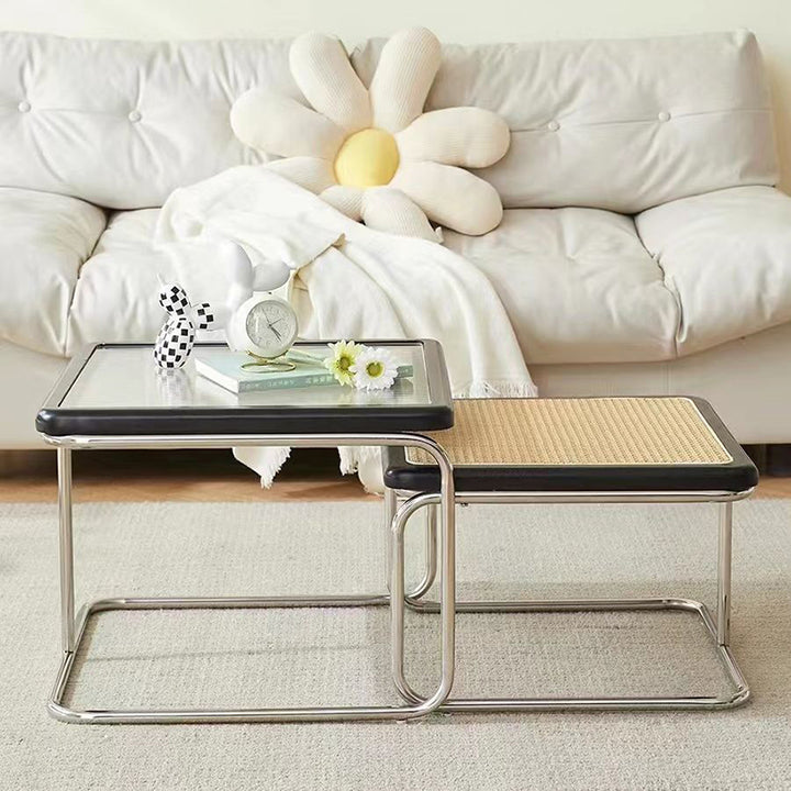 Contemporary Retro Striped Glass Plastic Rattan Stainless Steel Square Side Table Set Stackable For Living Room