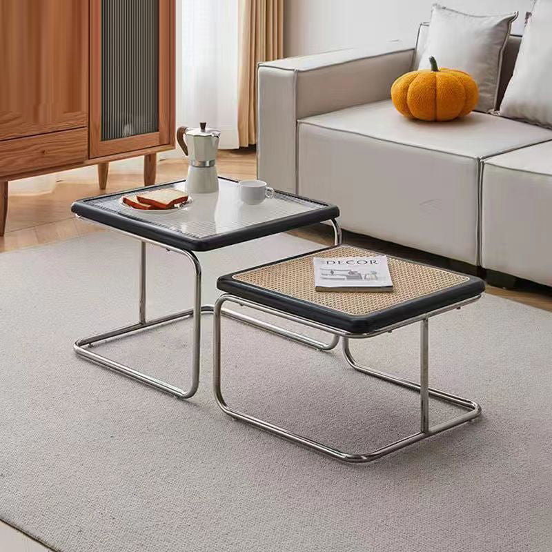 Zeitgenössisches Retro-gestreiftes Glas- und Edelstahl-Quadratisches Beistelltisch-Set Stapelbar Für Wohnzimmer 