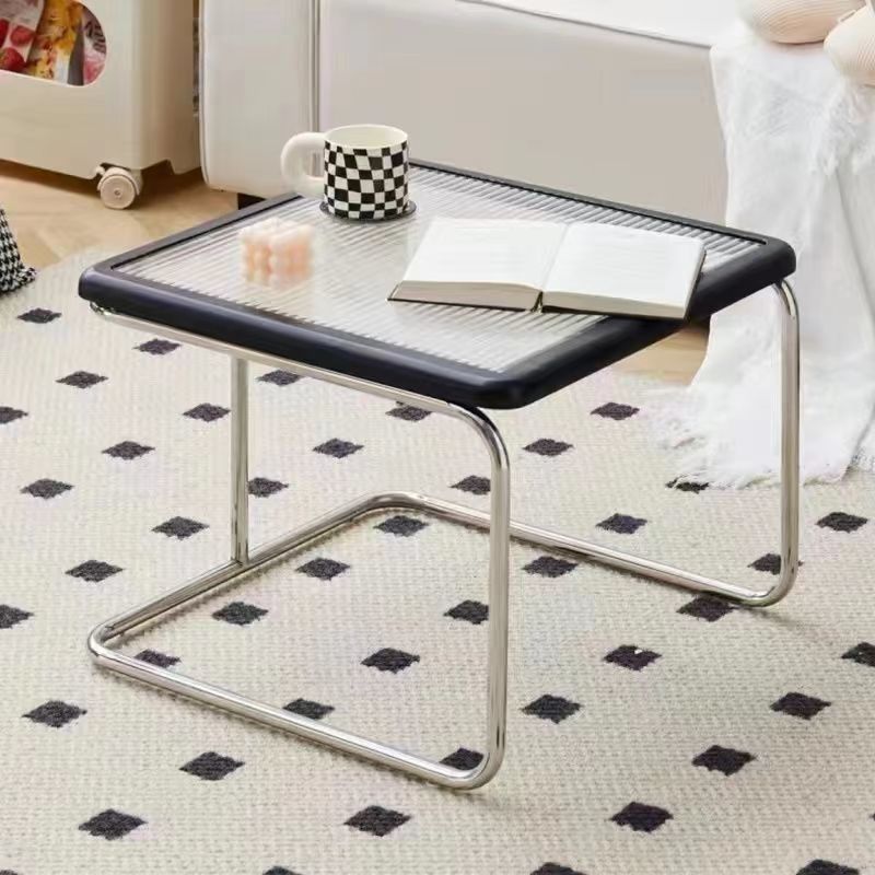 Contemporary Retro Striped Glass Plastic Rattan Stainless Steel Square Side Table Set Stackable For Living Room