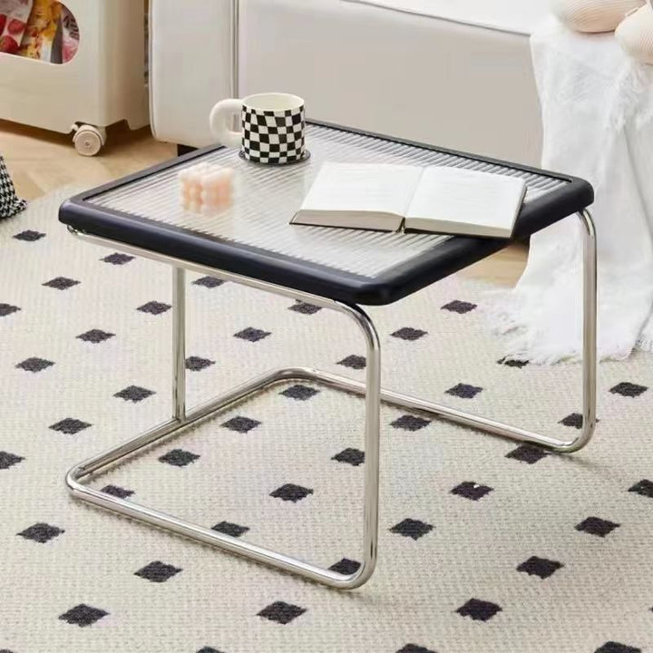 Contemporary Retro Striped Glass Plastic Rattan Stainless Steel Square Side Table Set Stackable For Living Room