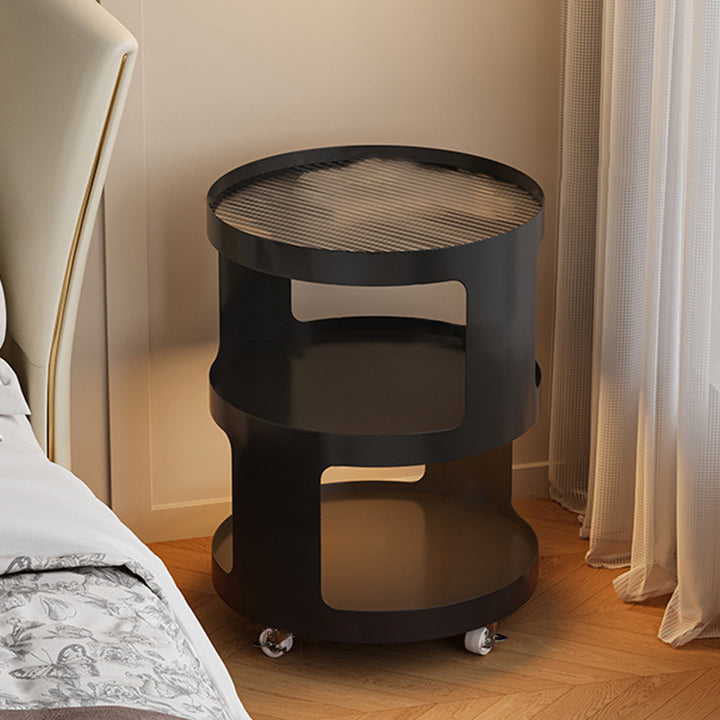 Moderner minimalistischer runder und quadratischer Beistelltisch aus Eisen und gestreiftem Glas mit 3 Ebenen für Wohnzimmer und Schlafzimmer 