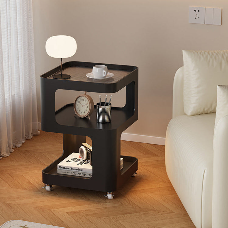 Moderner minimalistischer runder und quadratischer Beistelltisch aus Eisen und gestreiftem Glas mit 3 Ebenen für Wohnzimmer und Schlafzimmer 