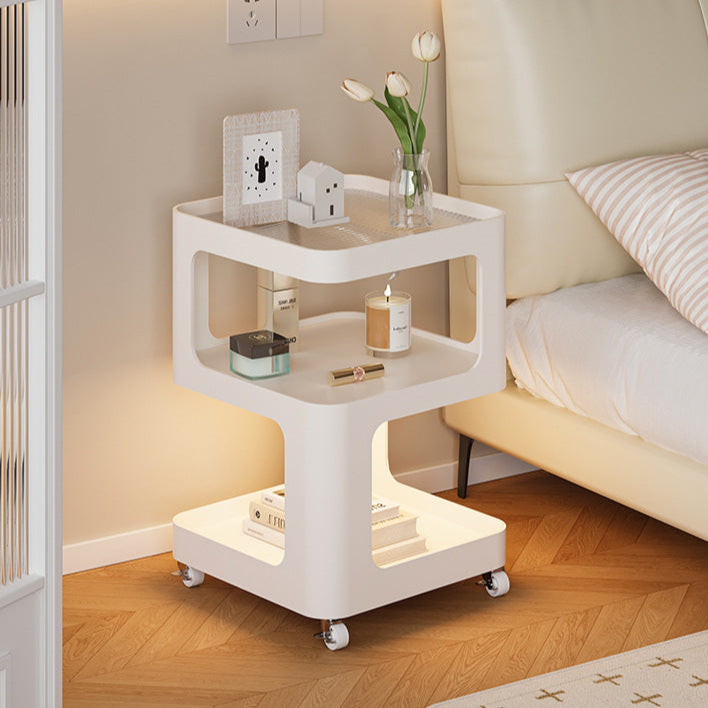 Moderner minimalistischer runder und quadratischer Beistelltisch aus Eisen und gestreiftem Glas mit 3 Ebenen für Wohnzimmer und Schlafzimmer 