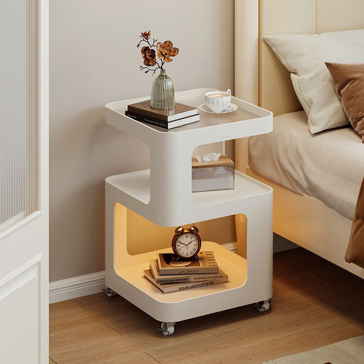 Moderner minimalistischer runder und quadratischer Beistelltisch aus Eisen und gestreiftem Glas mit 3 Ebenen für Wohnzimmer und Schlafzimmer 
